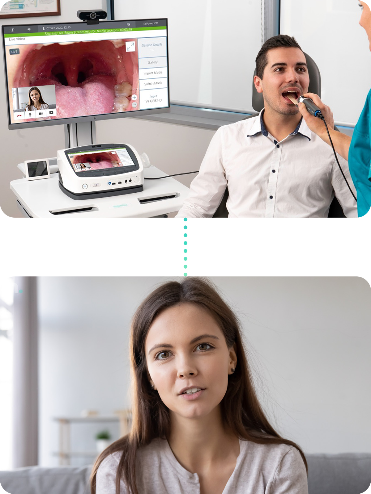 Pair of images showing a patient and a nurse talking to a healthcare professional through a telehealth device Pair of images showing a patient and a nurse talking to a healthcare professional through a telehealth device